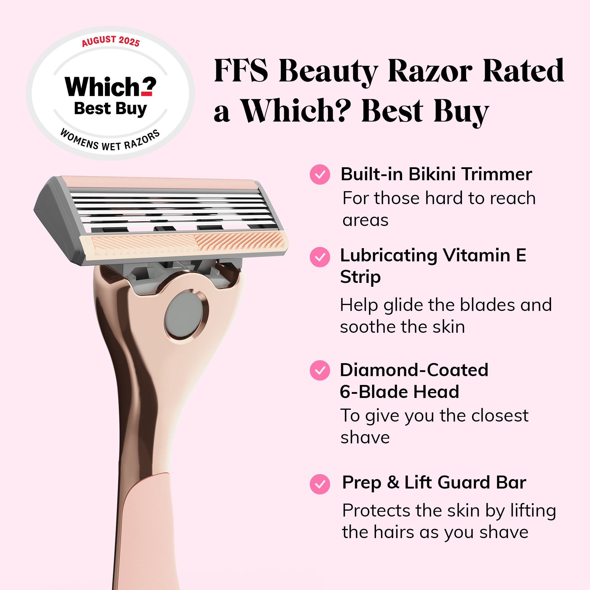 FFS Beauty Razor Kit feature graphic: built-in bikini trimmer, Vitamin E strip, diamond-coated 6-blade head and guard bar